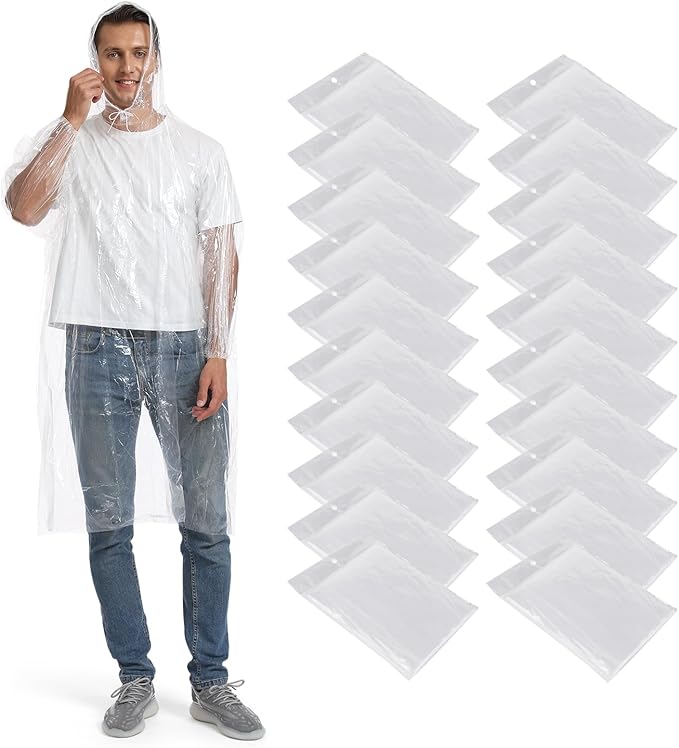 Opret 5/10/20 Pack Rain Ponchos, Disposable Emergency Ponchos Bulk Unisex Waterproof Raincoat for Adults with Drawstring Hood