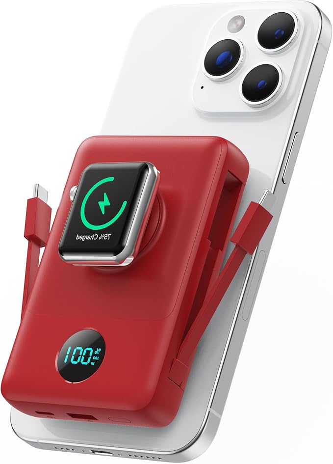 Ekrist Magnetic Portable Charger for MagSafe with Built-in Cable,iWatch Charger,Wireless Power Bank Travel Essentials,25W Fast Charging Battery Pack for iPhone 17/16/15,Apple Watch(Red,10800mAh)