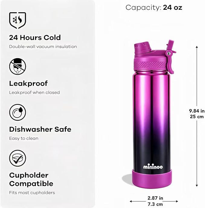 mininoo 24 oz Insulated Water Bottle with 2-in-1 Straw & Spout Lid, BPA-Free & Leak-Proof, Stainless Steel Water Bottle for Sports, Travel, and School, Purple Nova