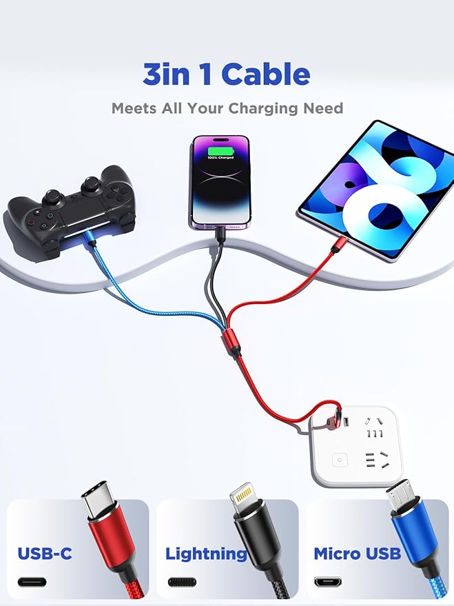 Short Multi Charging Cable, 1FT 2Pack Fast Multiple USB Cable 3 in 1 Charging Cable Universal Multi Charging Cord with IP, Type-C, Micro USB Connectors for Cell Phone Tablets,Samsung and More