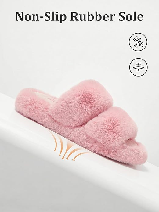 FamilyFairy Women's Fluffy Faux Fur Slippers Comfy Open Toe Two Band Slides with Fleece Lining and Rubber Sole