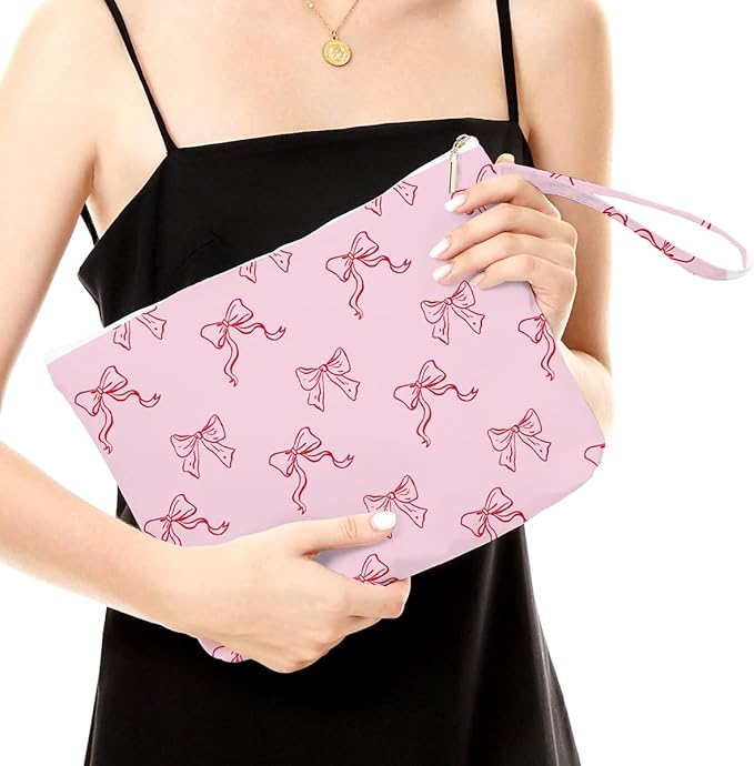 Fokongna Floral Print Wet Bag, Small Portable Waterproof Multi-Functional Organizer for Women, Pink with Red Bows,Ideal for Daily, Beach & Travel,