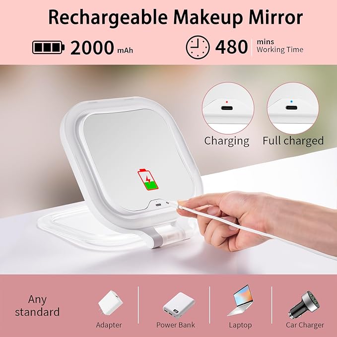 DESCHEN Travel Makeup Mirror with Lights, Rechargeable 1X/10X Magnifying Vanity Mirror, 7" Portable Lighted Makeup Mirror with Magnification & 3 Color Light, Dimmable Touch Screen, Folding LED Mirror
