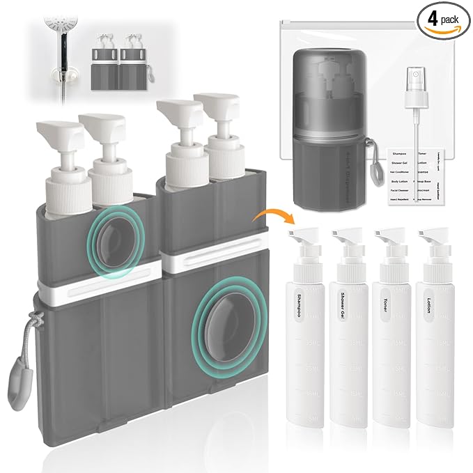 Travel Bottles for Toiletries, TSA Approved Travel Shampoo and Conditioner Bottles with Suction Cups, Gray