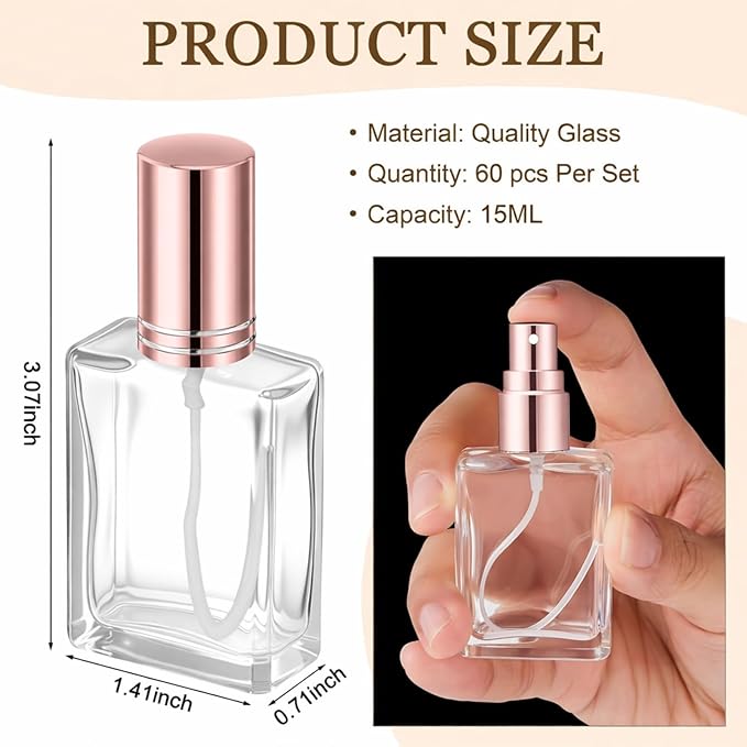 Domensi 60 Pcs 10/15/30/50 ml Glass Perfume Bottles Mini Glass Empty Spray Atomizer Bottles Bulk Refillable Perfume Dispenser Container with Pump Tool for Travel Skin Care (15 ml,Rose Gold)