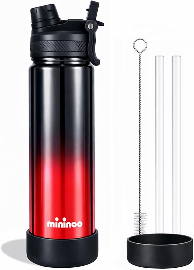 mininoo 24 oz Insulated Water Bottle with 2-in-1 Straw & Spout Lid, BPA-Free & Leak-Proof, Stainless Steel Water Bottle for Sports, Travel, and School, Crimson Black