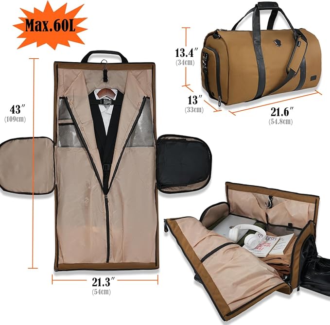 WELKINLAND 2-Suit Garment Duffle Bags for Travel Men, 60L-Large Carry on Garment Duffel Bag, Convertible Garment Duffel Bag w/Shoe Compartment, Foldable Garment Bags for Hanging Clothes Travel