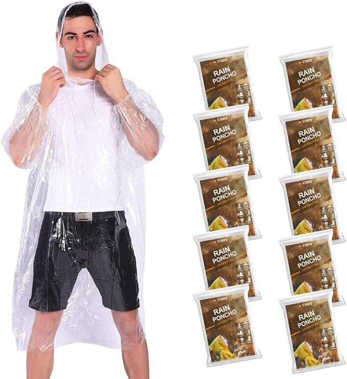 COOY Rain Ponchos,with Drawstring Hood （10 Pack） Emergency Disposable Rain Ponchos Family Pack for Adults,Clear