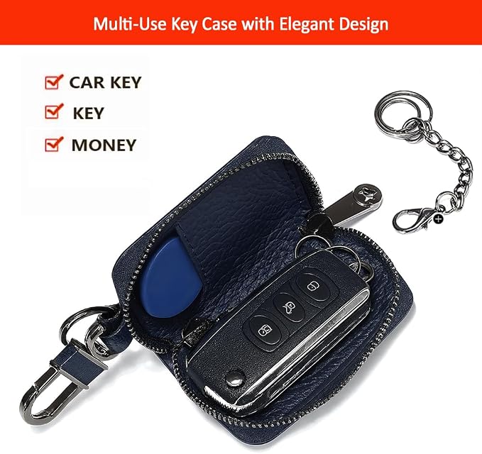 Leather Car Key Case with Zipper, Compact Smart Key Fob Holder with Keychain, Portable Car Key Organizer Pouch