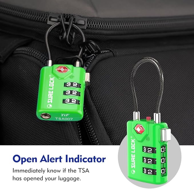 SURE LOCK TSA Approved Luggage Locks with Open Alert Indicator, 3 Digit Combination Cable Travel Lock for Suitcase, Backpack, Gym Locker, Toolbox & Travel Bag（Green 4 Pack）