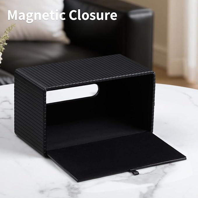 Extra Large Tissue Box Cover for Standard Size 180 to 230 Count Box of Tissues, PU Leather Rectangle Tissue Holder with Magnetic Closure (Black)