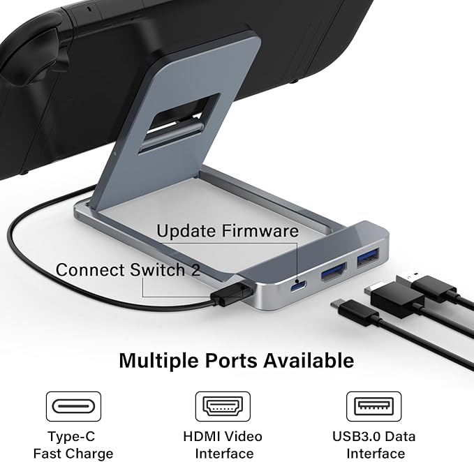 Switch 2 Dock Station, 4K HD Switch 2 TV Dock, Travel Portable Holder with SW2/SW/Tablet/Phone 60W PD, Charging Stand with HDMI/Type-c/USB 3.0(NS2'S 21 Version Requires Update)