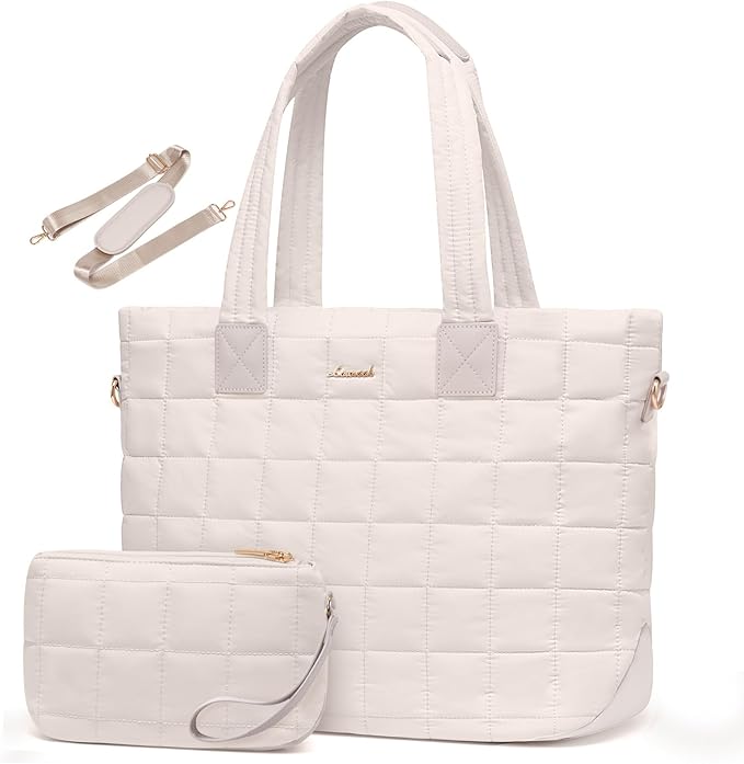 LOVEVOOK Laptop Tote Bag for Women, 15.6 Inch Large Puffer Work Computer Tote Bags for Teacher Nurse, Quilted Women's Purse Tote Shoulder Handbags with Zipper for Travel College Office Gym, Taupe