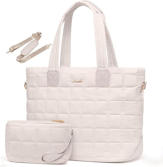 LOVEVOOK Laptop Tote Bag for Women, 15.6 Inch Large Puffer Work Computer Tote Bags for Teacher Nurse, Quilted Women's Purse Tote Shoulder Handbags with Zipper for Travel College Office Gym, Taupe