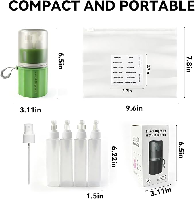 4 in 1 Travel Dispenser，Unbreakable Silicone Travel Dispenser Bottle, Vacuum Suction Wall Mounted Refillable Containers,Leakproof Toiletry Containers for Shampoo, Lotion, Baby Care-Green.