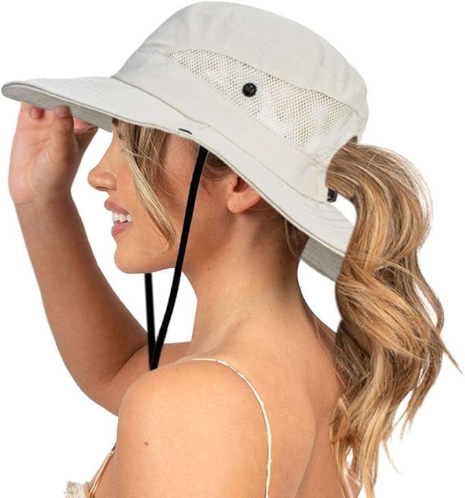 Sun Hat for Women Summer UV Protection Beach Hat Wide Brim Mesh Bucket Fishing Hat with Ponytail Hole Foldable Packable Hat