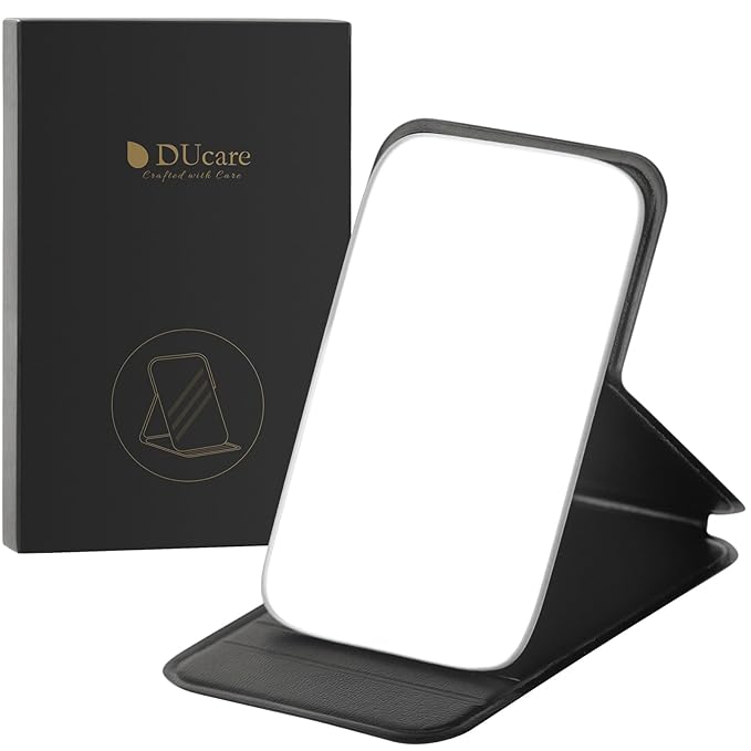 DUcare Mini Folding Mirror Pocket Portable Travel PU Portable Adjustable Rectangular Ultrathin Vanity Mirror with Stand, for Travel, Camping,Home