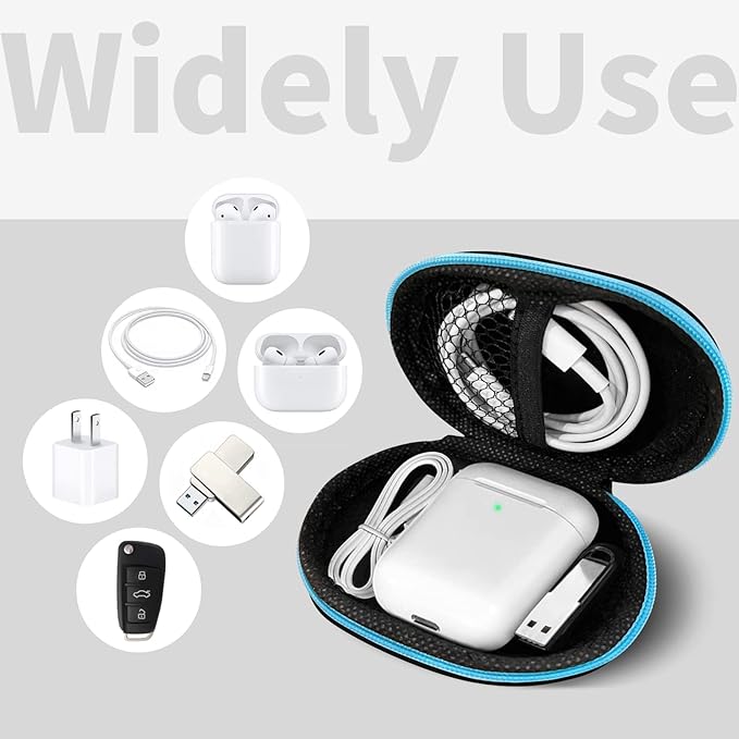 for Earbuds Carrying Case, Small Oval Storage Cases, Tech Pouch, Portable Storage Earbud Pouch Bag for Earbuds, in-Ear Headphones, Earphones, Headsets, Hearing Aids, USB Charging Cable, Blue