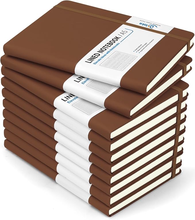 Dynta Hardcover Journal Notebooks, 10 Packs A5 Lined Journals Bulk for Writing 200 Pages/100Sheets, 8.4 x 5.8 inch, Classic Ruled Notebook for Work/Travel/College/Note Taking(Brown)