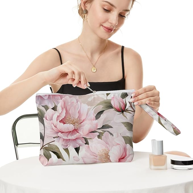 Fokongna Floral Print Wet Bag, Small Portable Waterproof Multi-Functional Organizer for Women, Ideal for Daily, Beach & Travel, Blush Pink Peony Romance