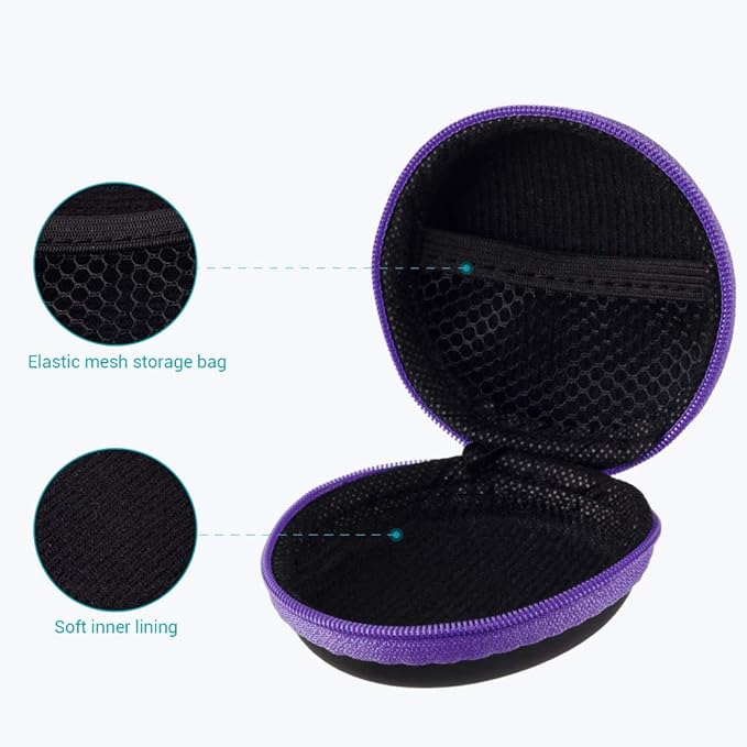 SUNGUY [2-Pack Earbuds Cases, Small Round Pocket Earbud Travel Carrying Case Pouch with Carabiners for Earbuds, Headsets, in-Ear Headphones, Hearing Aids, USB Cable and More (Green + Purple)