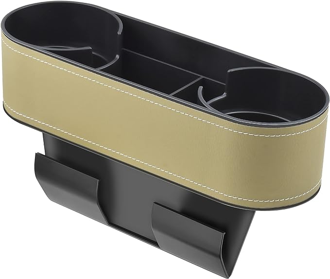 IOKONE Car Cup Holder, Auto Front Seat Organizer, Multifunctional Cup Drink Holders with PU Leather Cover, Gap Filler Storage Box Coin Bucket Console Side Pocket Cell Mobile Phone Holder(Slim-Beige)