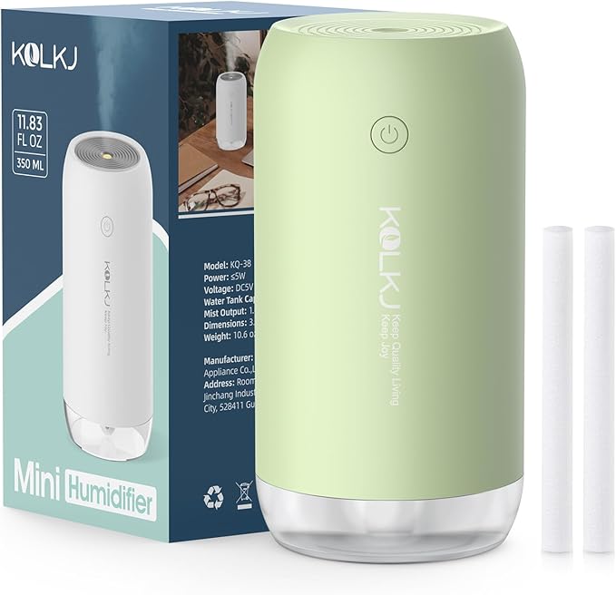 Portable Mini Humidifier, 350ml Quiet Small Cool Mist Humidifiers USB Personal Desktop Humidifier for Bedroom Office Plants Car Baby Nursery with 2 Mist Modes Auto Shut-off (Green)
