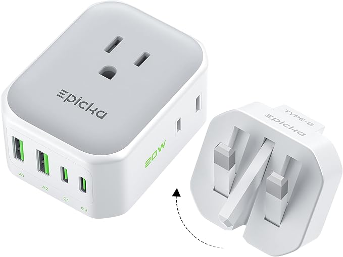 EPICKA Hybrid European Travel Plug Adapter, Foldable & Detachable Type C (EU) VisaPlug (Type G for UK)