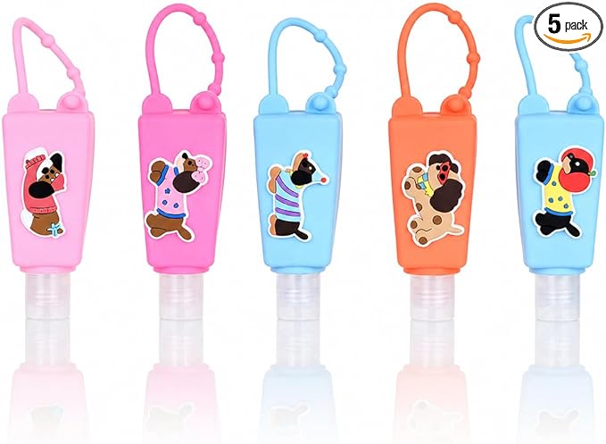 5-Pack Cartoon Kids Hand Sanitizer Holder, 30ml Travel Size Refillable Bottles with Silicone Case, Leak-Proof Portable Containers for Lotion & Liquid Soap (Cool Pup)