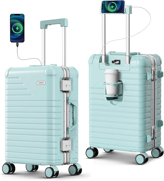 20 Inch Carry on Luggage with Cup Holder, Airline Approved 22x14x9 Aluminum Frame PC Hard Shell Suitcase, 360° Spinner Wheels, TSA Lock for Short Trips and Business Travel