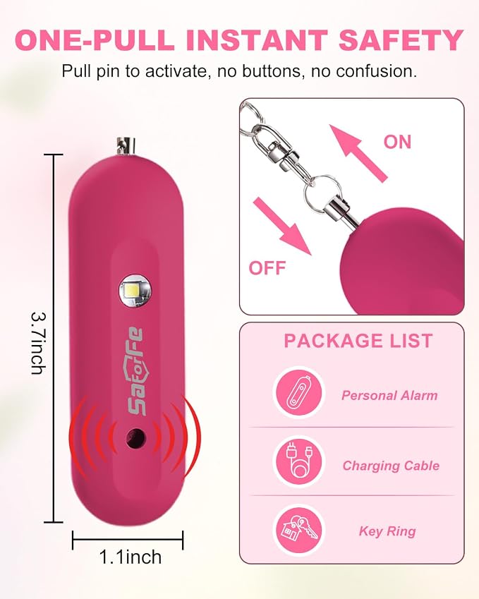Personal Safety Alarm for Women - Waterproof Rechargeable Security Alarm - 140dB Extra Loud Siren with SOS Strobe Light - Self Defense Keychain for Women Girls Teens Seniors(Cherry)