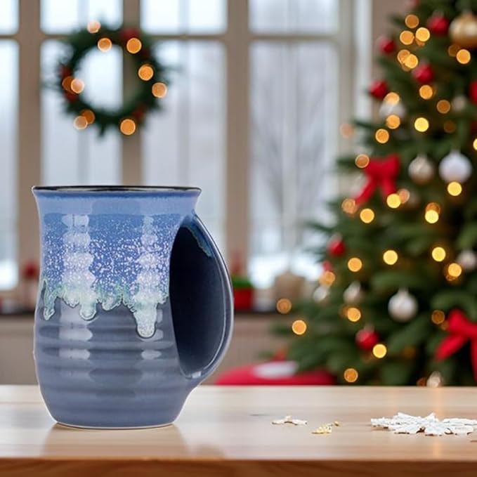 Hand Warmer Coffee Mug Handmade Pottery (UPGRADED) - 16 Ounce Large Hand Warming Mugs Ceramic Gift with Contoured Pocket, Keep Your Fingers Warmth, Right Handed