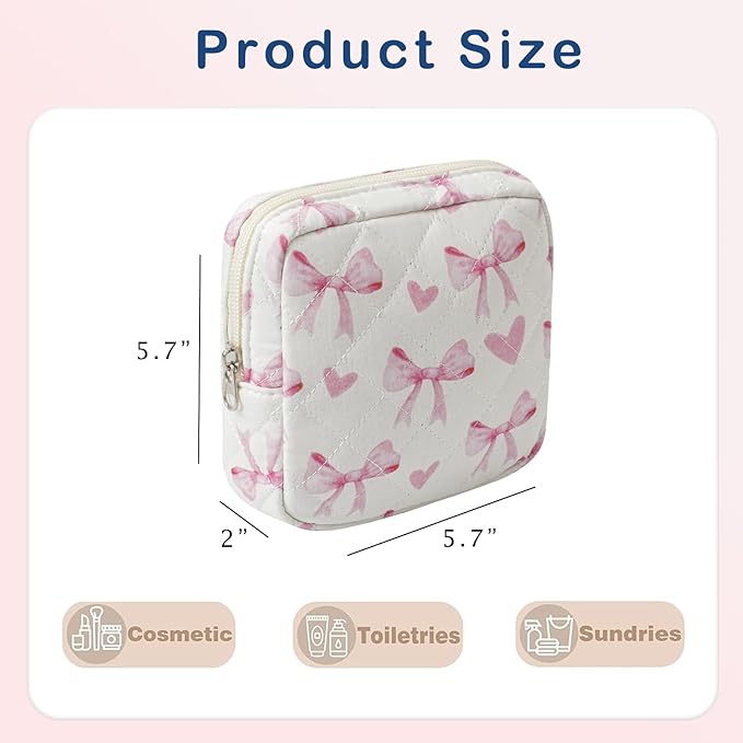 RSRSLEII Small Quilted Cosmetic Pouch for Purse, Mini Cotton Makeup Bag with Compartments, Cute Zipper Lipstick Holder for Women (02Heart Bow)