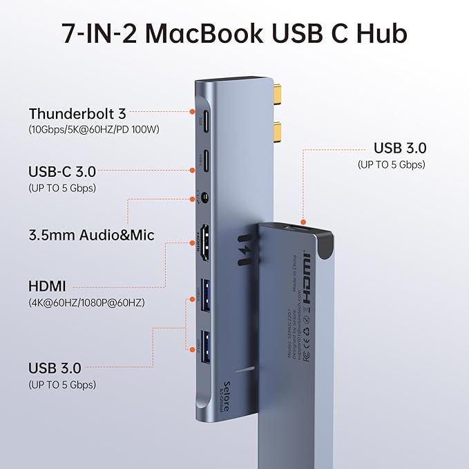 USB C Adapter HDMI Hub for MacBook Pro/Air M5 M4 M3 M2 M1 2025-2018 13" 15" 16", Mac USB C Hub Adapter 7-in-2, MacBook Accessories Dongle with HDMI, Thunderbolt 3, USB C&A Data Ports, 3.5mm Audio