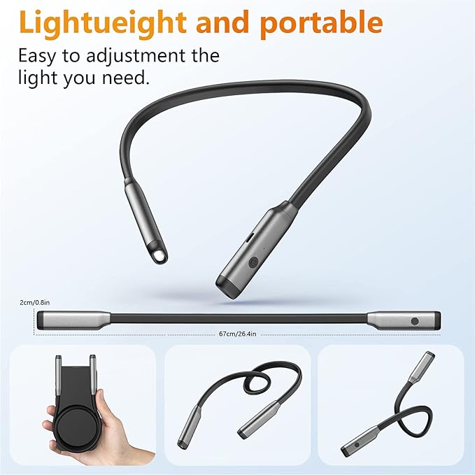 Book Light LED Neck Reading Light,Bendable Rechargeable Book Light for Reading in Bed,Eye Friendly - 3 Colors & 3 Brightness Levels Perfect for Bookworms Kids Crafts Knitting Travel (Gray)