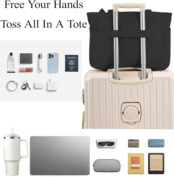 Puffer Tote Bag for Women, Quilted Bow Tote Bag with Cup Holder & 15.6 In Laptop Compartment for Work, Travel, Gym, College