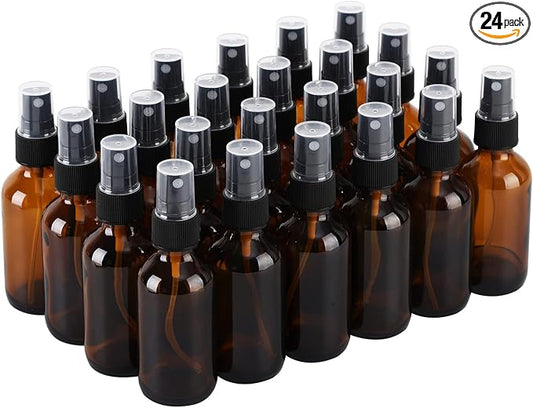 24 Pack Amber Glass Spray Bottles, 2oz/60ml Empty Glass Spray Bottles with Fine Mist, Small Leak Proof Travel Dispenser Bottles for Essential Oils, Bath, Beauty, Hair & Cleaning