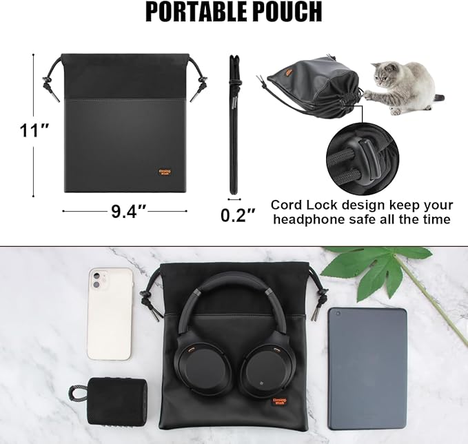 Over-Ear Headphone Storage Bag, Lightweight Headphones Carrying Pouch Travel Headset Case Bag Thicker Fur Lining & Super Soft Leather for Overhead Headphones Gaming Headsets (Large Black)