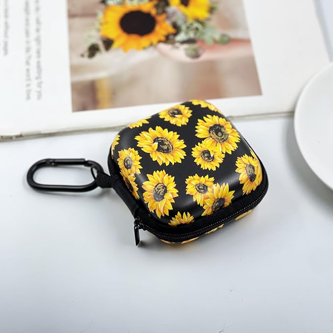 Earbud Case Headphone Organizer Ear Bud Case Portable EVA Carrying Box Storage Bag with Carabiner for AirPods Beats Bose Galaxy Buds 4/3/FE Data Cable Storage (Sunflower)