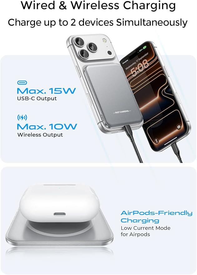 Aobbow Magnetic Portable Charger, 50% Smaller & Slimmer 5000mAh Power Bank with LED Display, 15W Fast Charging Battery Pack, Travel Essential MagSafe Compatible Charger for iPhone 17/16/15 - Gray