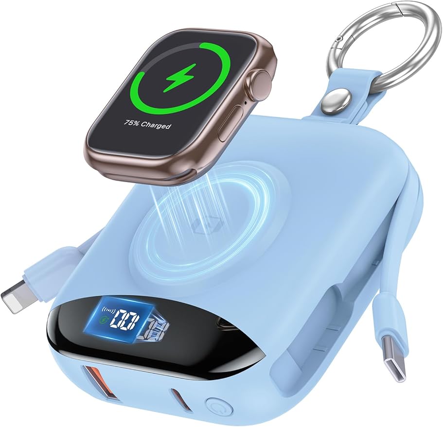 citicr Portable Charger, 10000mAh 22.5W Fast Charging Power Bank with Built-in Cables, Travel Battery Pack with LED Display for iPhone, Portable iWatch Charger for 11/10/9/8/7/6/SE/Ultra Dawn Blue