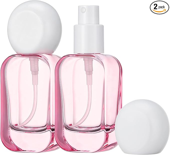 Segbeauty 1oz Fine Mist Glass Travel Spray Bottles for Toileties, 2pcs Square Pink Refillable Perfume Atomizer with Round Cap, 30ml Empty Cologne Sprayer, Liquids Essentials Container for Travel