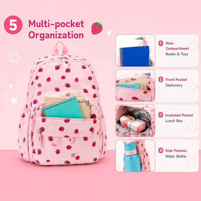 BTOOP Kids Backpack, Girls Backpack 4-6-Preschool Kindergarten School Bookbag with Insulated Lunch Compartment & Chest Strap, Pink-Strawberry Backpacks