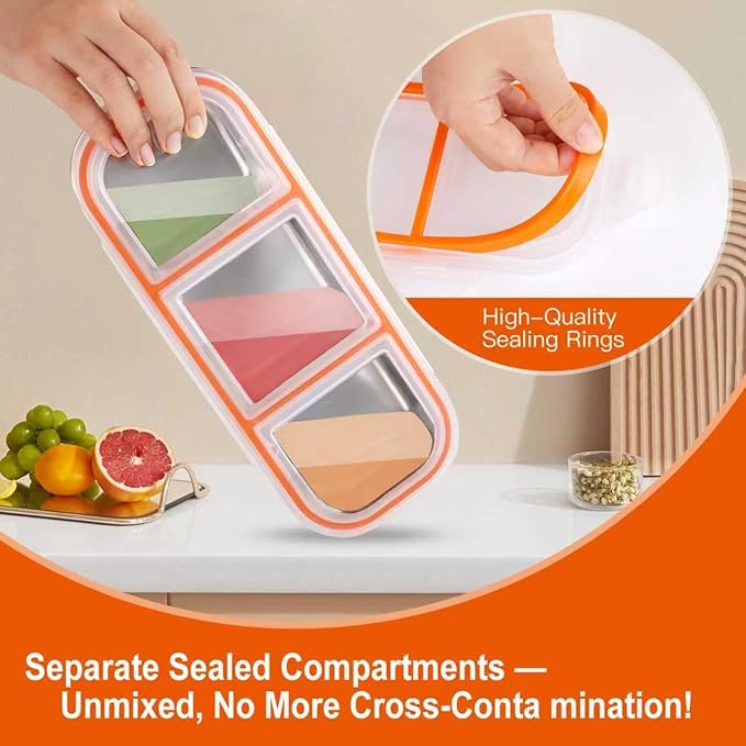 2 Pack 304 Stainless Steel Snack Containers - 3 Independent Sealed Compartments, Non-Toxic Leakproof Bento Box with Secure Lids. Snackle Box for Kids & Adults, Body Management & On-the-Go Snacking!