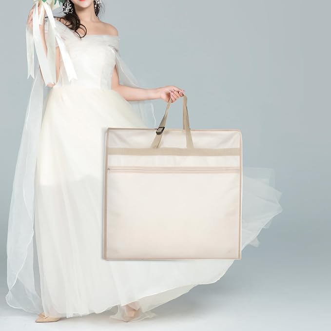 KEEGH Wedding Dress Garment Bag, 72” Tri-fold Bridal Dress Bags for Gowns, With Accessory Pockets and Adjustable Buckle Dress Cover for Wedding/Prom/Travel/Closet Storage (Beige)