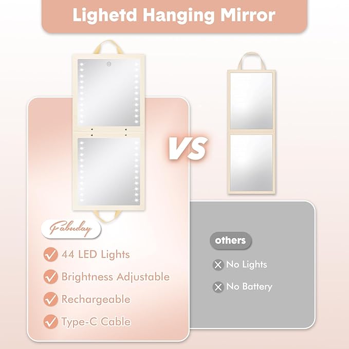 Fabuday Lighted Hanging Mirror for Dance Backstage - Rechargeable Folding LED Full Length Mirror with Lights for Dancers, Portable Foldable Travel Body Mirrors, Brightness Adjustable, Beige