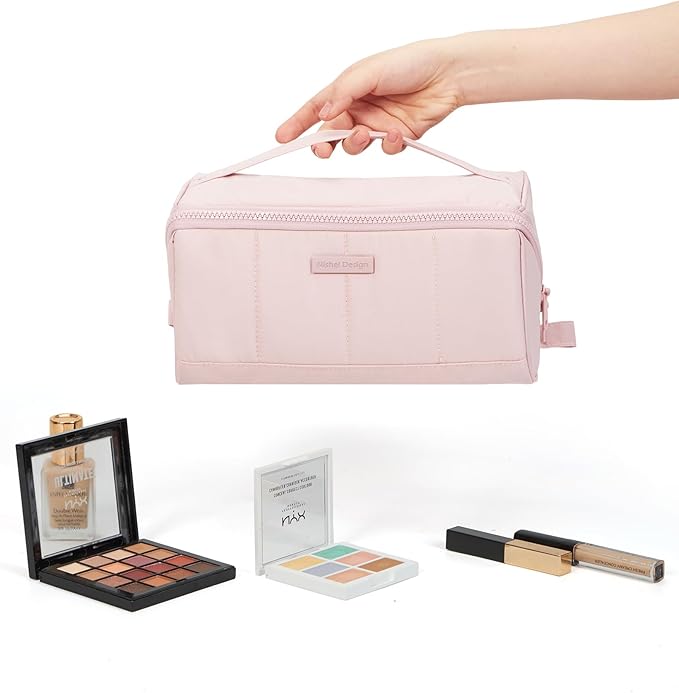 NISHEL Travel Makeup Bag for Women, Fluffy & Lightweight Open Flat Cosmetic Organizer with Multiple Functional Divider for Brush Independent Storage, Handle for Easy Portability, Large, Pink