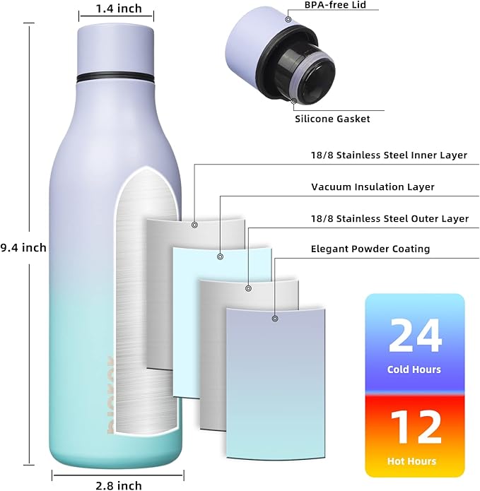 BJPKPK Insulated Water Bottles, 18 oz Stainless Steel Metal Water Bottle with Strap, BPA Free Leak Proof Jugs, Mugs, Flasks, Reusable Thermal Flasks for Sports & Travel, Lavender Green