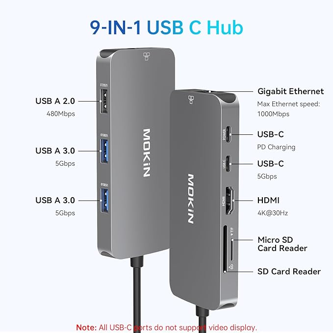 USB C Adapters for MacBook Pro/Air,Mac Dongle with 3 USB Port,USB C to HDMI, USB C to RJ45 Ethernet,MOKiN 9 in 1 USB C to HDMI Adapter,100W PD Charging, USBC to SD/TF Card Reader USB C Hub