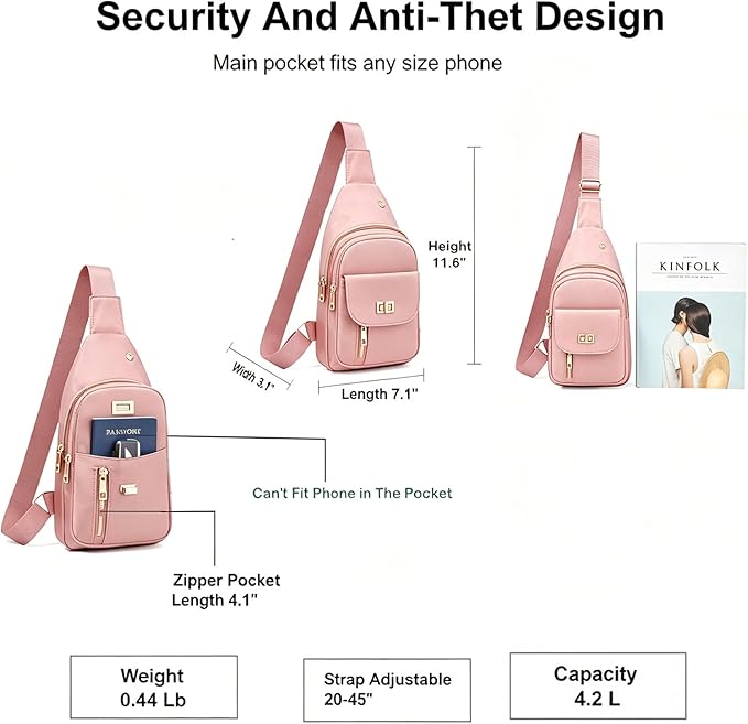 Sling Bag Small Compact Crossbody Bags for Women Anti-Theft Multiple Pockets Waterproof Fanny Pack for Travel Hiking Daily Pink
